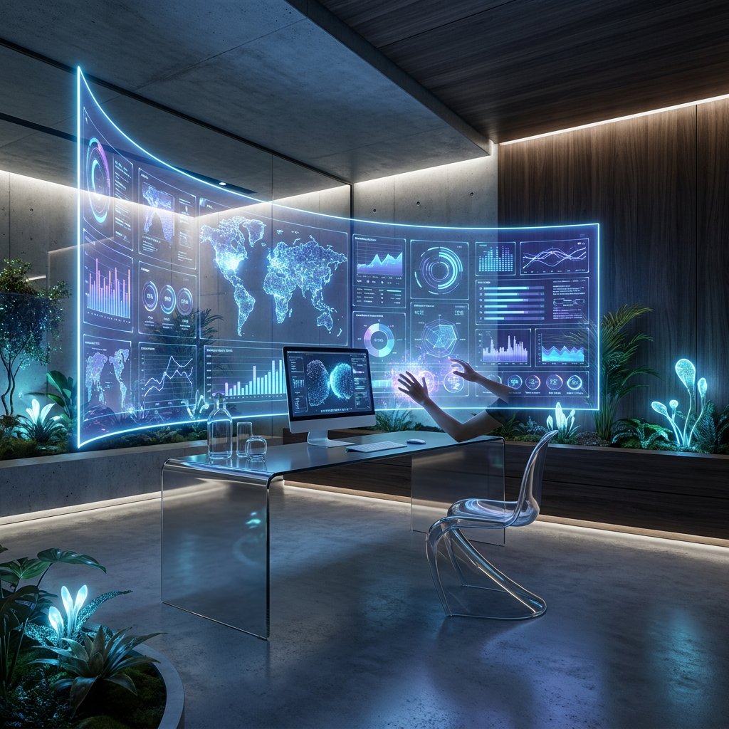 AI Design for A sleek, futuristic workspace featuring an immersive digital canvas tech interface. The scene is illuminated by soft, ambient blue and violet bioluminescent light, highlighting the high-resolution, holographic display textures and minimalist hardware design.