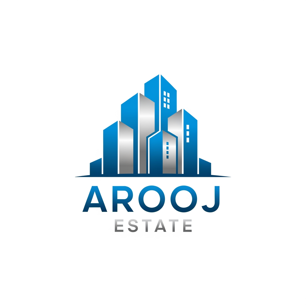 AI Design for building skyline icon blue + silver icons text; AROOJ ESTATE