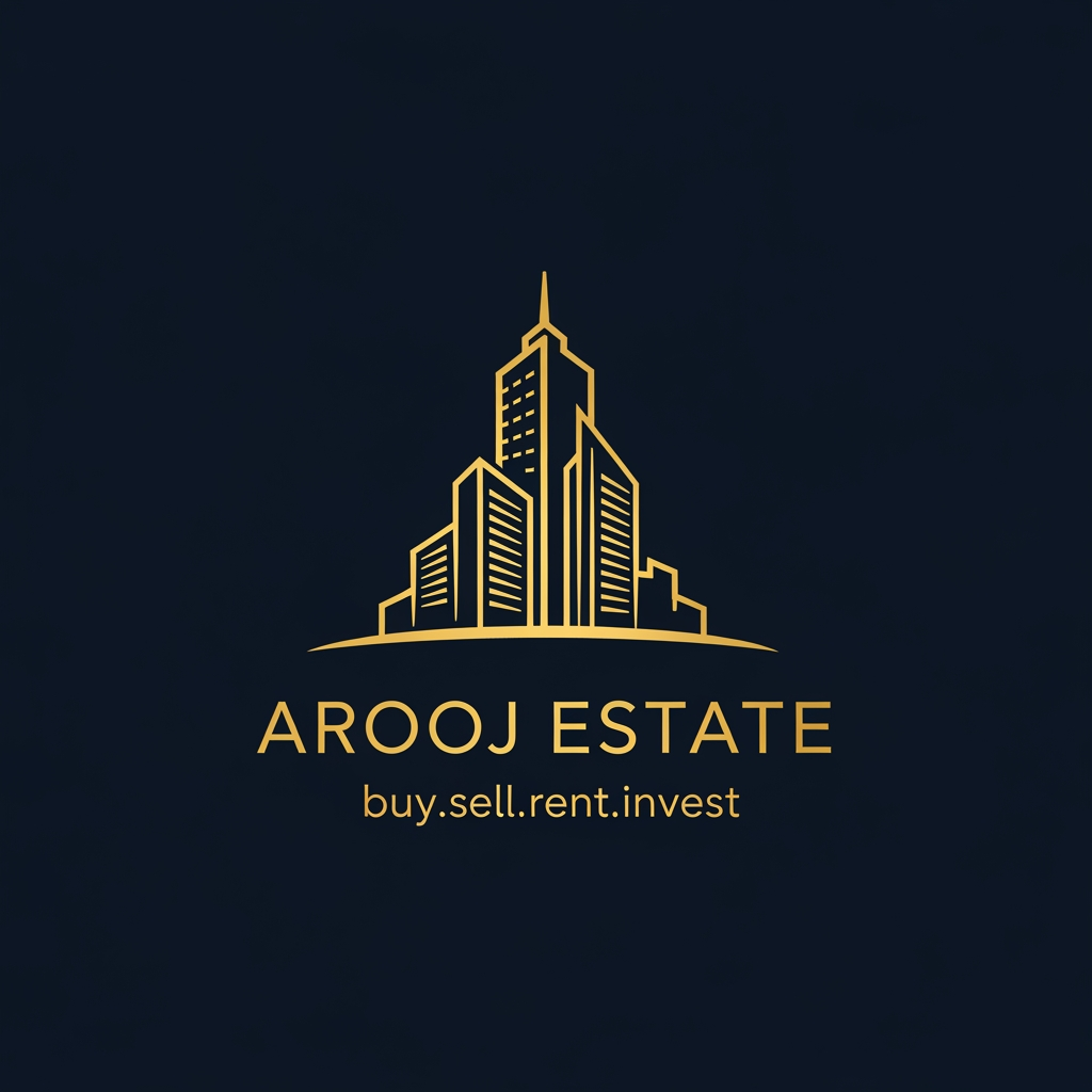 AI Design for building skyline icon golden  icons text; AROOJ ESTATE  iskay neechay buy.sell.rent.invest background navy blue