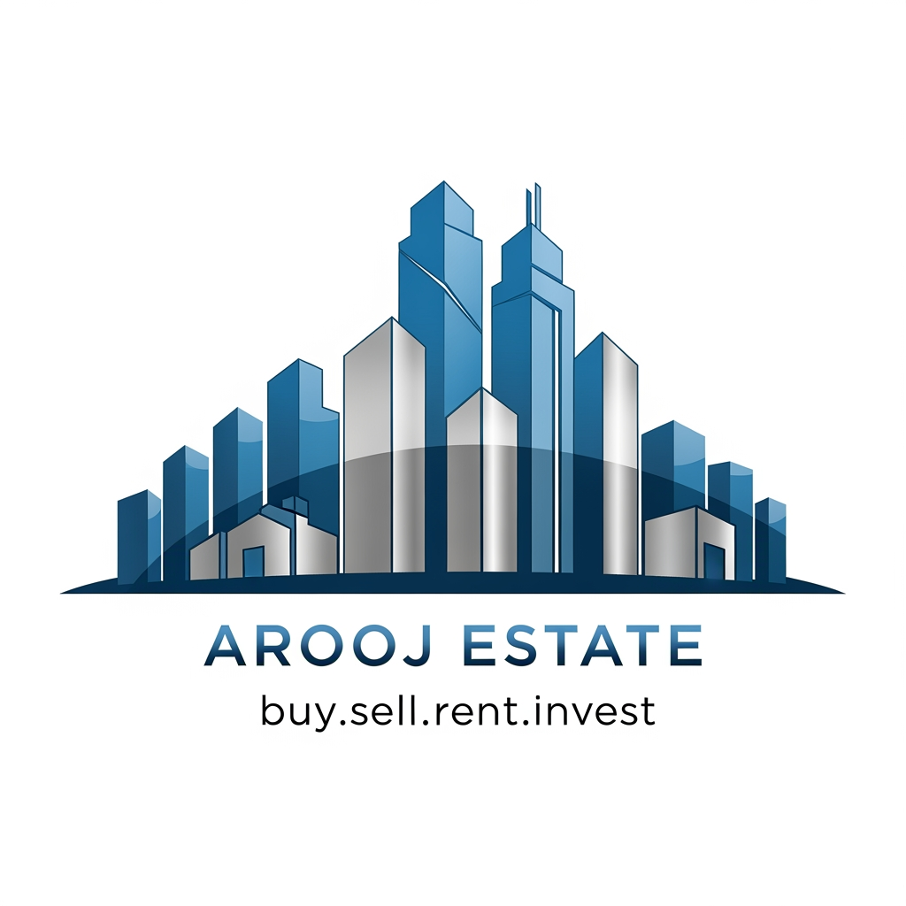 AI Design for building skyline icon blue + silver icons text; AROOJ ESTATE  iskay neechay buy.sell.rent.invest
