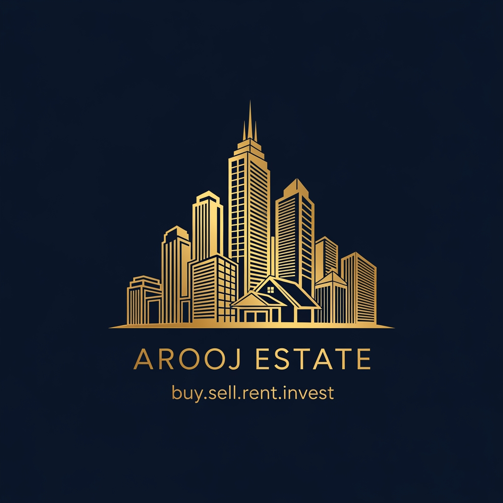 AI Design for building skyline icon golden  icons text; AROOJ ESTATE  iskay neechay buy.sell.rent.invest background navy blue
