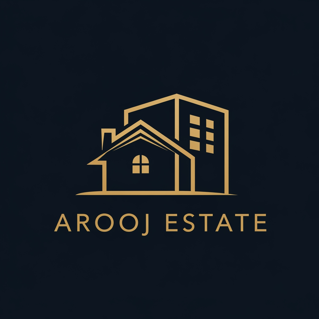 AI Design for dark navy blue background golden colour logo ek simple house + building logo neechy Arooj estate capital  letters ma  thora sa decent md attractive