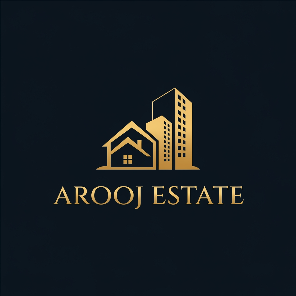 AI Design for dark navy blue background golden colour logo ek simple house + building logo neechy Arooj estate capital  letters ma  thora sa decent md attractive