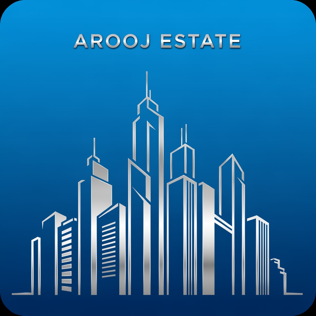AI Design for building skyline icon blue + silver icons text; AROOJ ESTATE