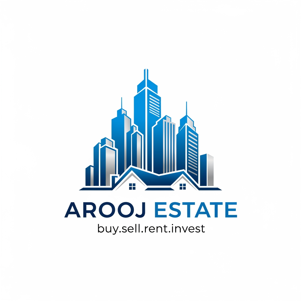 AI Design for building skyline icon blue + silver icons text; AROOJ ESTATE  iskay neechay buy.sell.rent.invest