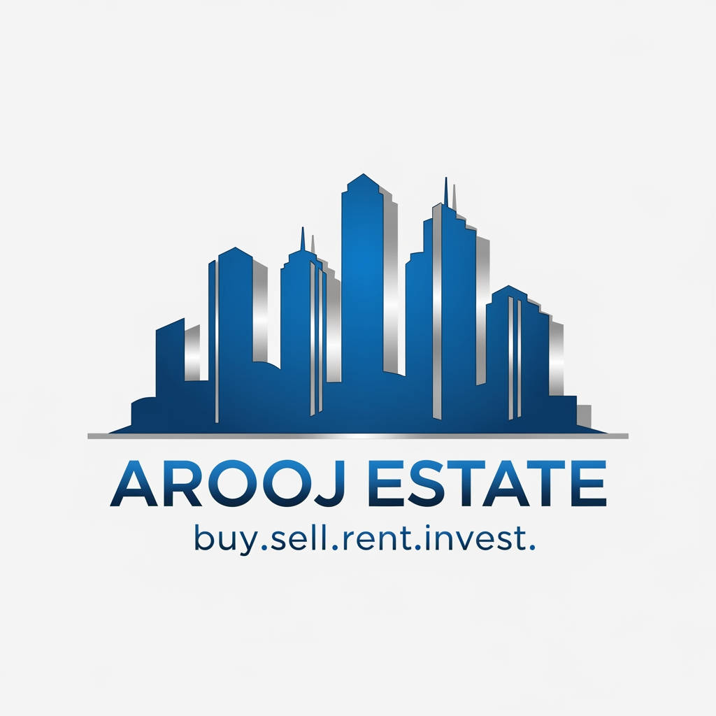 AI Design for building skyline icon blue + silver icons text; AROOJ ESTATE  iskay neechay buy.sell.rent.invest