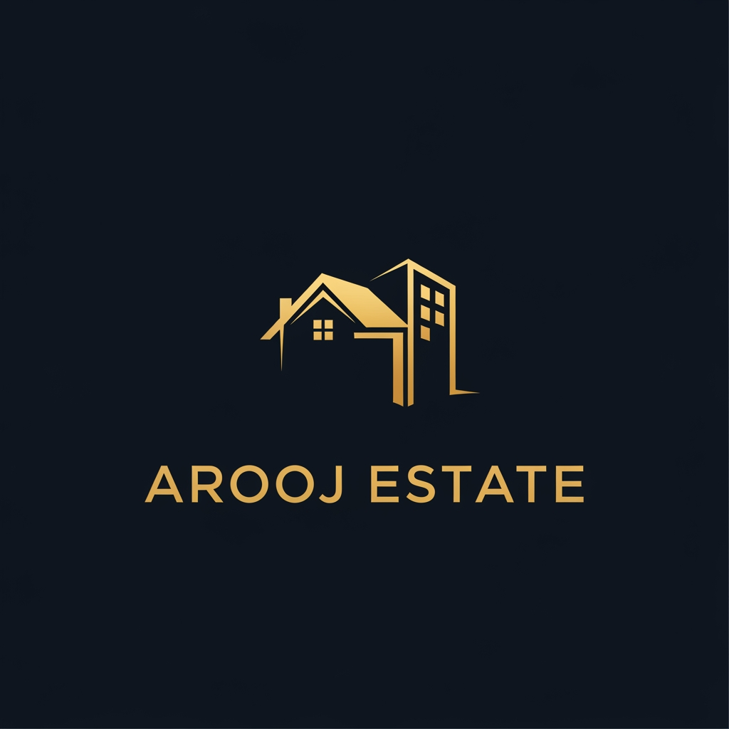 AI Design for dark navy blue background golden colour logo ek simple house + building logo neechy Arooj estate capital  letters ma