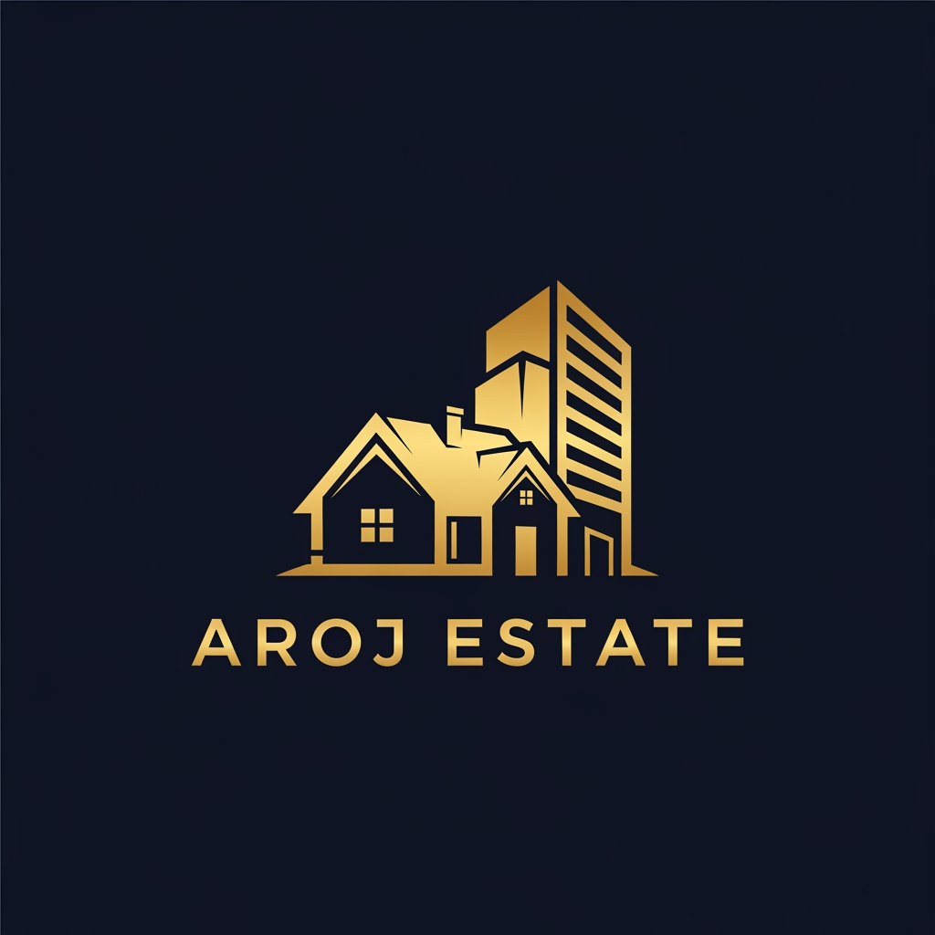 AI Design for dark navy blue background golden colour logo ek simple house + building logo neechy Arooj estate capital  letters ma  thora sa decent md attractive