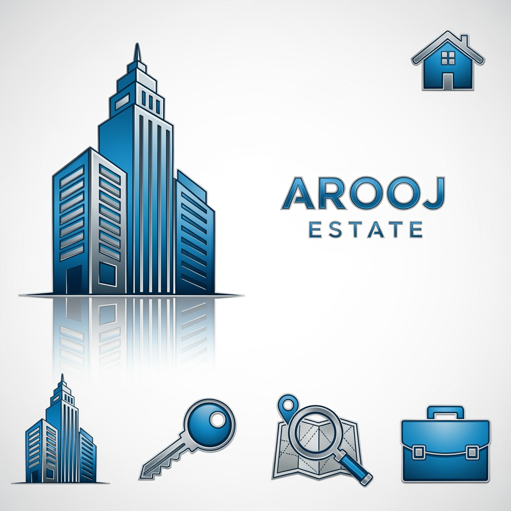 AI Design for building skyline icon blue + silver icons text; AROOJ ESTATE