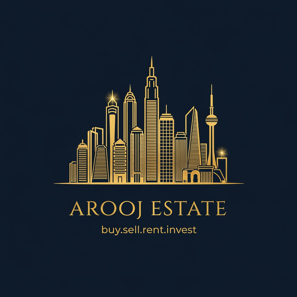 AI Design for building skyline icon golden  icons text; AROOJ ESTATE  iskay neechay buy.sell.rent.invest background navy blue