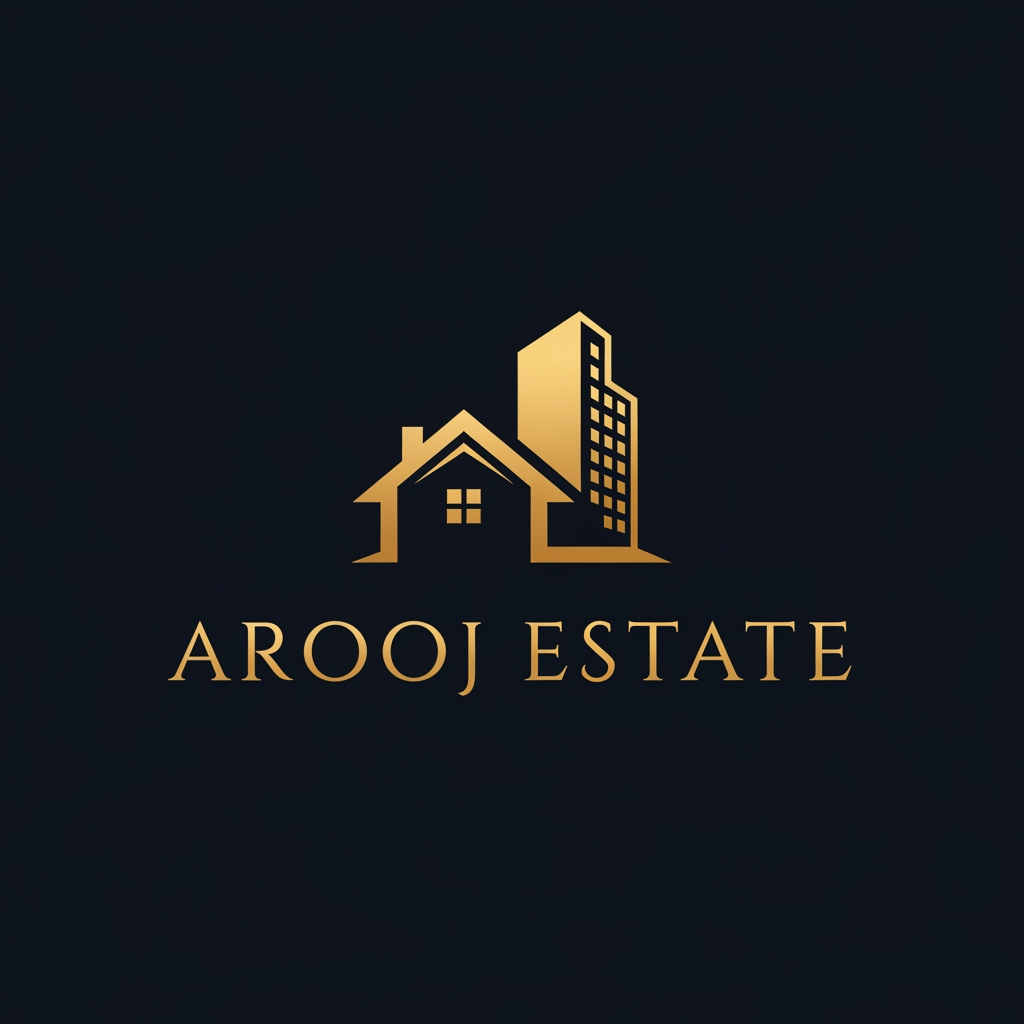 AI Design for dark navy blue background golden colour logo ek simple house + building logo neechy Arooj estate capital  letters ma