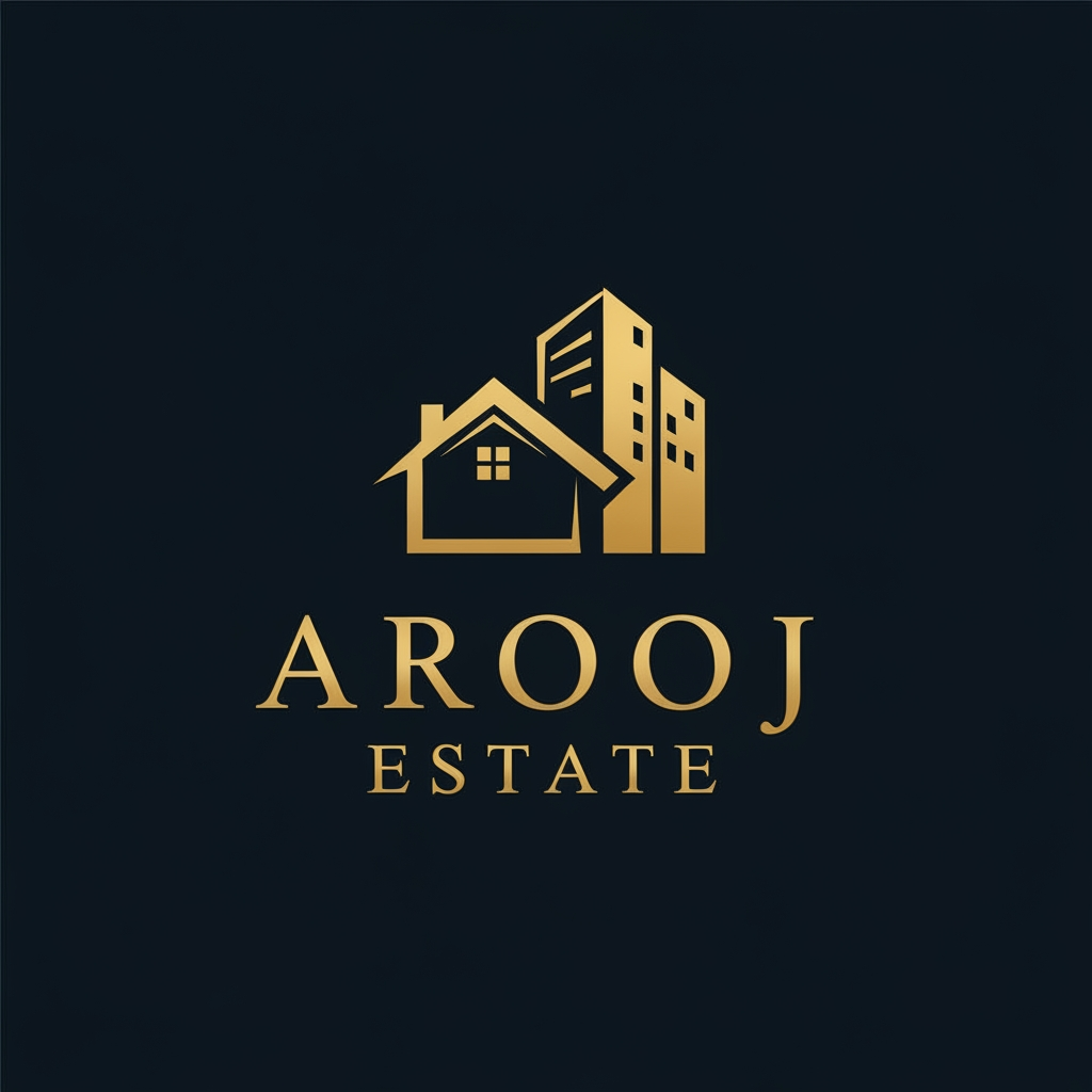 AI Design for dark navy blue background golden colour logo ek simple house + building logo neechy Arooj estate capital  letters ma
