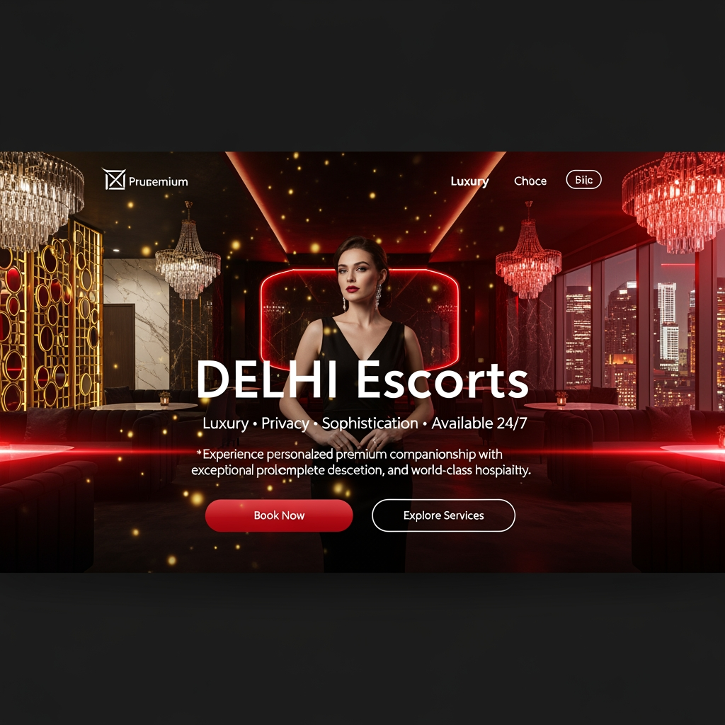 AI Design for @Create image **Prompt:**

Create a **high-converting, ultra-premium dark-themed hero banner** for a **Delhi Escorts** website with a bold and luxurious visual identity designed to maximize user engagement and click-through rates.

Use a striking **color palette of Black, White, Deep Red, and Metallic Gold**, where the dark background creates contrast while white typography and gold accents deliver a premium feel. Add subtle red lighting effects and glowing gradients to make the design visually dynamic and eye-catching.

Replace the traditional hotel setting with a **luxurious private members' club interior**, featuring velvet sofas, crystal chandeliers, marble walls, golden decorative panels, modern architectural lighting, and panoramic floor-to-ceiling windows overlooking a vibrant city skyline at night. The atmosphere should feel exclusive, elegant, and cinematic.

Position a stylish adult female model in a sophisticated designer evening dress or luxury formal wear. She should appear confident, graceful, and approachable with tasteful styling and a refined pose. Avoid revealing outfits or explicit elements, focusing instead on elegance and exclusivity.

Display a large, premium headline:

### **DELHI Escorts**

#### **Luxury • Privacy • Sophistication • Available 24/7**

Below the headline, include a short marketing message:

> *"Experience personalized premium companionship with exceptional professionalism, complete discretion, and world-class hospitality."*

Create two modern CTA buttons:

* **Book Now**
* **Explore Services**

Style the buttons with glossy red backgrounds, thin gold borders, white text, subtle hover glows, and premium depth effects.

Enhance the overall banner using:

* Floating golden light particles
* Glassmorphism content panels
* Luxury-inspired icons
* Soft spotlight effects
* Premium typography with bold uppercase headings
* Elegant gold dividers
* High-end editorial spacing
* Cinematic shadows and reflections
* Clean, responsive UI optimized for desktop and mobile

The final composition should resemble the homepage of an elite luxury lifestyle brand—modern, trustworthy, visually striking, and optimized for maximum attention and conversion while maintaining a tasteful, sophisticated presentation.