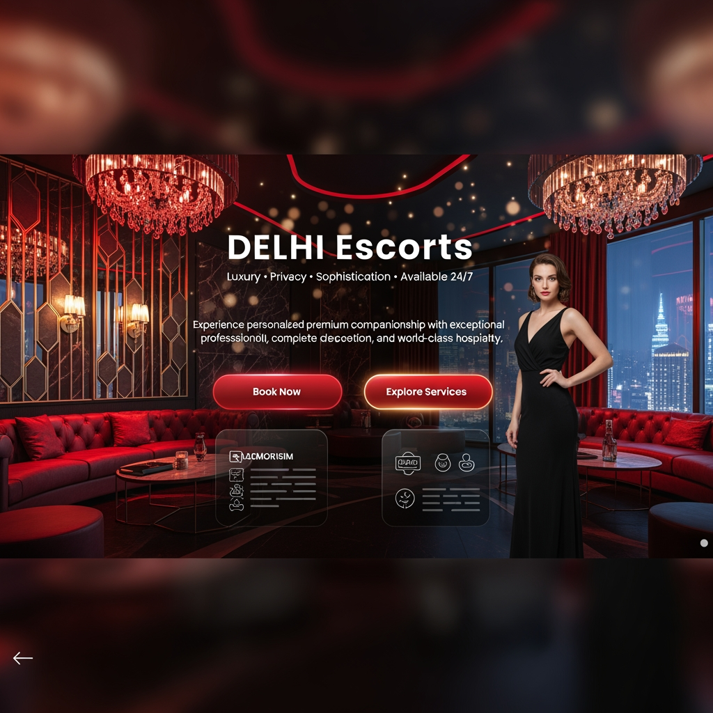 AI Design for @Create image **Prompt:**

Create a **high-converting, ultra-premium dark-themed hero banner** for a **Delhi Escorts** website with a bold and luxurious visual identity designed to maximize user engagement and click-through rates.

Use a striking **color palette of Black, White, Deep Red, and Metallic Gold**, where the dark background creates contrast while white typography and gold accents deliver a premium feel. Add subtle red lighting effects and glowing gradients to make the design visually dynamic and eye-catching.

Replace the traditional hotel setting with a **luxurious private members' club interior**, featuring velvet sofas, crystal chandeliers, marble walls, golden decorative panels, modern architectural lighting, and panoramic floor-to-ceiling windows overlooking a vibrant city skyline at night. The atmosphere should feel exclusive, elegant, and cinematic.

Position a stylish adult female model in a sophisticated designer evening dress or luxury formal wear. She should appear confident, graceful, and approachable with tasteful styling and a refined pose. Avoid revealing outfits or explicit elements, focusing instead on elegance and exclusivity.

Display a large, premium headline:

### **DELHI Escorts**

#### **Luxury • Privacy • Sophistication • Available 24/7**

Below the headline, include a short marketing message:

> *"Experience personalized premium companionship with exceptional professionalism, complete discretion, and world-class hospitality."*

Create two modern CTA buttons:

* **Book Now**
* **Explore Services**

Style the buttons with glossy red backgrounds, thin gold borders, white text, subtle hover glows, and premium depth effects.

Enhance the overall banner using:

* Floating golden light particles
* Glassmorphism content panels
* Luxury-inspired icons
* Soft spotlight effects
* Premium typography with bold uppercase headings
* Elegant gold dividers
* High-end editorial spacing
* Cinematic shadows and reflections
* Clean, responsive UI optimized for desktop and mobile

The final composition should resemble the homepage of an elite luxury lifestyle brand—modern, trustworthy, visually striking, and optimized for maximum attention and conversion while maintaining a tasteful, sophisticated presentation.