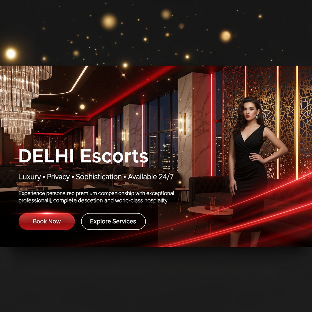 AI Design for @Create image **Prompt:**

Create a **high-converting, ultra-premium dark-themed hero banner** for a **Delhi Escorts** website with a bold and luxurious visual identity designed to maximize user engagement and click-through rates.

Use a striking **color palette of Black, White, Deep Red, and Metallic Gold**, where the dark background creates contrast while white typography and gold accents deliver a premium feel. Add subtle red lighting effects and glowing gradients to make the design visually dynamic and eye-catching.

Replace the traditional hotel setting with a **luxurious private members' club interior**, featuring velvet sofas, crystal chandeliers, marble walls, golden decorative panels, modern architectural lighting, and panoramic floor-to-ceiling windows overlooking a vibrant city skyline at night. The atmosphere should feel exclusive, elegant, and cinematic.

Position a stylish adult female model in a sophisticated designer evening dress or luxury formal wear. She should appear confident, graceful, and approachable with tasteful styling and a refined pose. Avoid revealing outfits or explicit elements, focusing instead on elegance and exclusivity.

Display a large, premium headline:

### **DELHI Escorts**

#### **Luxury • Privacy • Sophistication • Available 24/7**

Below the headline, include a short marketing message:

> *"Experience personalized premium companionship with exceptional professionalism, complete discretion, and world-class hospitality."*

Create two modern CTA buttons:

* **Book Now**
* **Explore Services**

Style the buttons with glossy red backgrounds, thin gold borders, white text, subtle hover glows, and premium depth effects.

Enhance the overall banner using:

* Floating golden light particles
* Glassmorphism content panels
* Luxury-inspired icons
* Soft spotlight effects
* Premium typography with bold uppercase headings
* Elegant gold dividers
* High-end editorial spacing
* Cinematic shadows and reflections
* Clean, responsive UI optimized for desktop and mobile

The final composition should resemble the homepage of an elite luxury lifestyle brand—modern, trustworthy, visually striking, and optimized for maximum attention and conversion while maintaining a tasteful, sophisticated presentation.