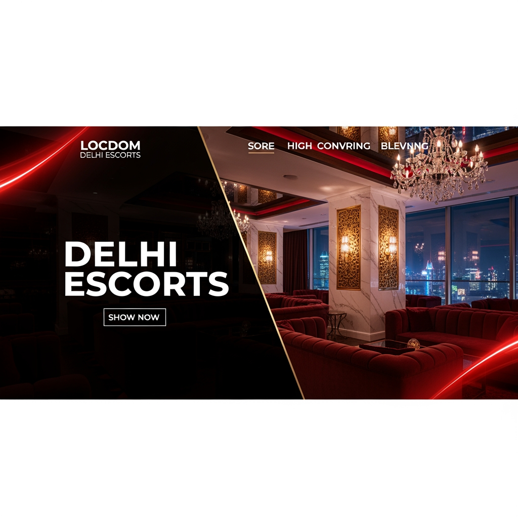AI Design for **Prompt:**

Create a **high-converting, ultra-premium dark-themed hero banner** for a **Delhi Escorts** website with a bold and luxurious visual identity designed to maximize user engagement and click-through rates.

Use a striking **color palette of Black, White, Deep Red, and Metallic Gold**, where the dark background creates contrast while white typography and gold accents deliver a premium feel. Add subtle red lighting effects and glowing gradients to make the design visually dynamic and eye-catching.

Replace the traditional hotel setting with a **luxurious private members' club interior**, featuring velvet sofas, crystal chandeliers, marble walls, golden decorative panels, modern architectural lighting, and panoramic floor-to-ceiling windows overlooking a vibrant city skyline at night. The atmosphere should feel exclusive, elegant, and cinematic.

Position a stylish adult female model in a sophisticated designer evening dress or luxury formal wear. She should appear confident, graceful, and approachable with tasteful styling and a refined pose. Avoid revealing outfits or explicit elements, focusing instead on elegance and exclusivity.

Display a large, premium headline:

### **DELHI Escorts**

#### **Luxury • Privacy • Sophistication • Available 24/7**

Below the headline, include a short marketing message:

> *"Experience personalized premium companionship with exceptional professionalism, complete discretion, and world-class hospitality."*

Create two modern CTA buttons:

* **Book Now**
* **Explore Services**

Style the buttons with glossy red backgrounds, thin gold borders, white text, subtle hover glows, and premium depth effects.

Enhance the overall banner using:

* Floating golden light particles
* Glassmorphism content panels
* Luxury-inspired icons
* Soft spotlight effects
* Premium typography with bold uppercase headings
* Elegant gold dividers
* High-end editorial spacing
* Cinematic shadows and reflections
* Clean, responsive UI optimized for desktop and mobile

The final composition should resemble the homepage of an elite luxury lifestyle brand—modern, trustworthy, visually striking, and optimized for maximum attention and conversion while maintaining a tasteful, sophisticated presentation.