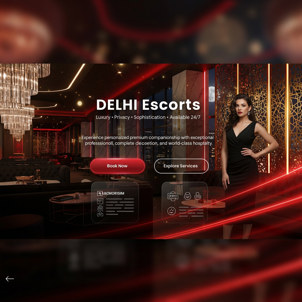 AI Design for @Create image **Prompt:**

Design a premium, luxury-inspired hero section for a **Delhi Escorts** website that instantly captures attention and maximizes CTR. The design should feature a sophisticated black and gold color palette with subtle red accents, creating an exclusive VIP atmosphere. Include an elegant, high-end hotel suite or modern penthouse background with soft ambient lighting and a stylish city-night aesthetic.

Show a confident, glamorous, fashionably dressed adult model in an elegant evening gown or classy cocktail attire, posed with poise and confidence. The overall presentation should emphasize luxury, privacy, exclusivity, and refined companionship without explicit or nude imagery.

Add a bold, eye-catching headline such as **"Premium Delhi Escorts – Luxury Companionship Available 24/7"**, supported by a compelling subheading highlighting discretion, professionalism, and personalized experiences.

Include modern call-to-action buttons like **"Book Now"** and **"Available 24/7"**, designed with premium styling and subtle glow effects. Use clean typography, glassmorphism elements, golden borders, and elegant iconography to create a polished, trustworthy, and high-converting landing page suitable for a luxury lifestyle brand.