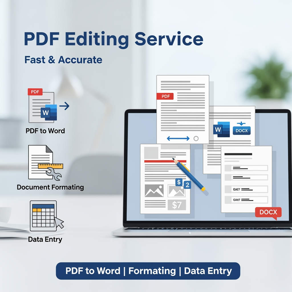AI Design for A clean and modern promotional banner for a freelance PDF editing service, showing a laptop screen with PDF documents being edited, icons like PDF to Word, document formatting, data entry, minimal workspace background, soft blue and white color theme, professional typography, text: "PDF Editing Service", "Fast & Accurate", "PDF to Word | Formatting | Data Entry", freelancer workspace, high quality, 4K, clean layout, social media banner design