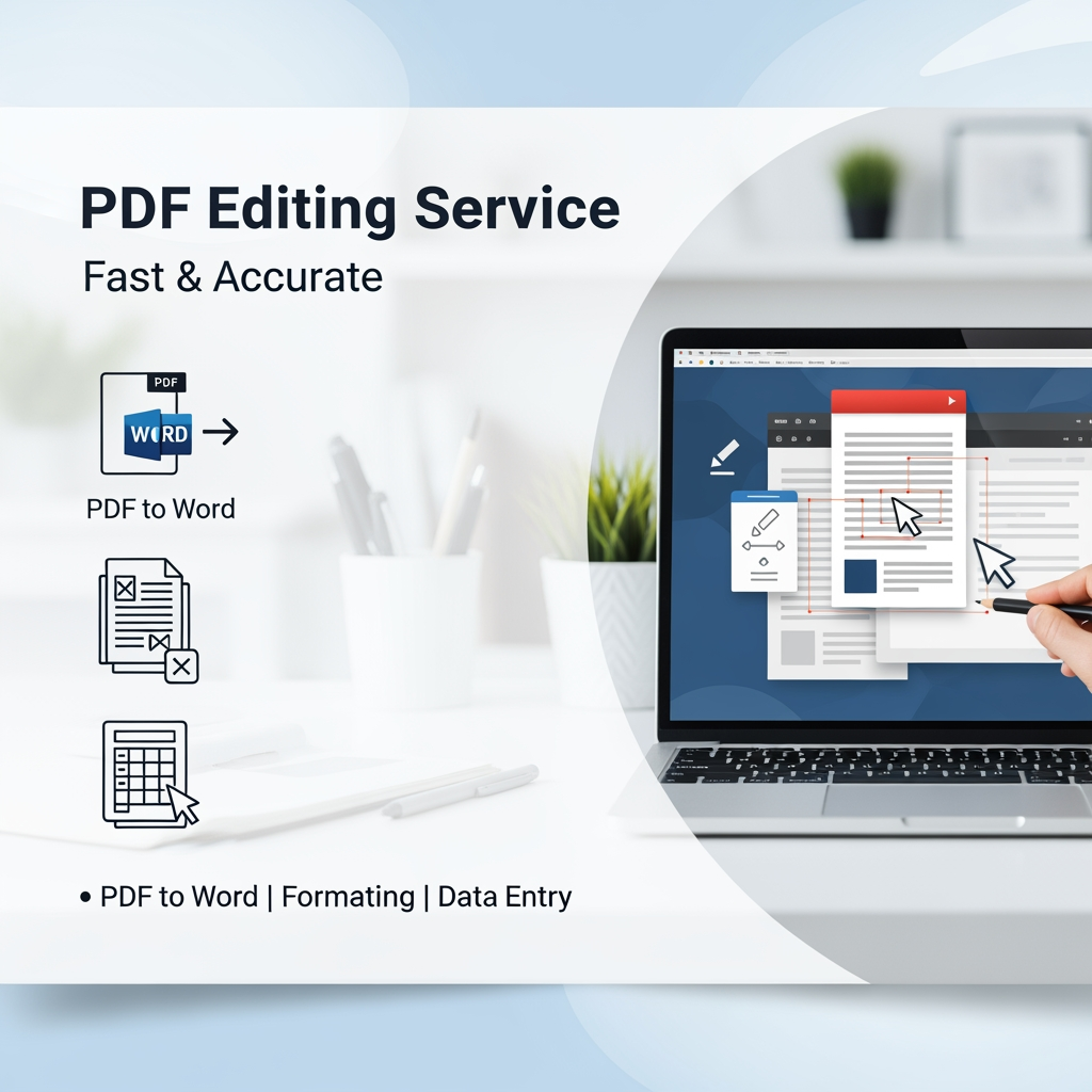 AI Design for A clean and modern promotional banner for a freelance PDF editing service, showing a laptop screen with PDF documents being edited, icons like PDF to Word, document formatting, data entry, minimal workspace background, soft blue and white color theme, professional typography, text: "PDF Editing Service", "Fast & Accurate", "PDF to Word | Formatting | Data Entry", freelancer workspace, high quality, 4K, clean layout, social media banner design