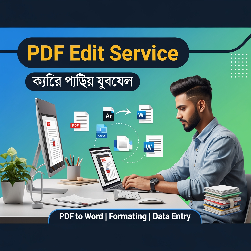 AI Design for A stylish social media banner for a Bangladeshi freelancer offering PDF editing services, featuring a young freelancer working on a laptop, PDF icons, document conversion visuals, modern desk setup, blue and green gradient background, bold Bangla text: "PDF Edit Service", "দ্রুত ও নির্ভুল কাজ", "PDF to Word | Formatting | Data Entry", clean and eye-catching design, high resolution, professional look