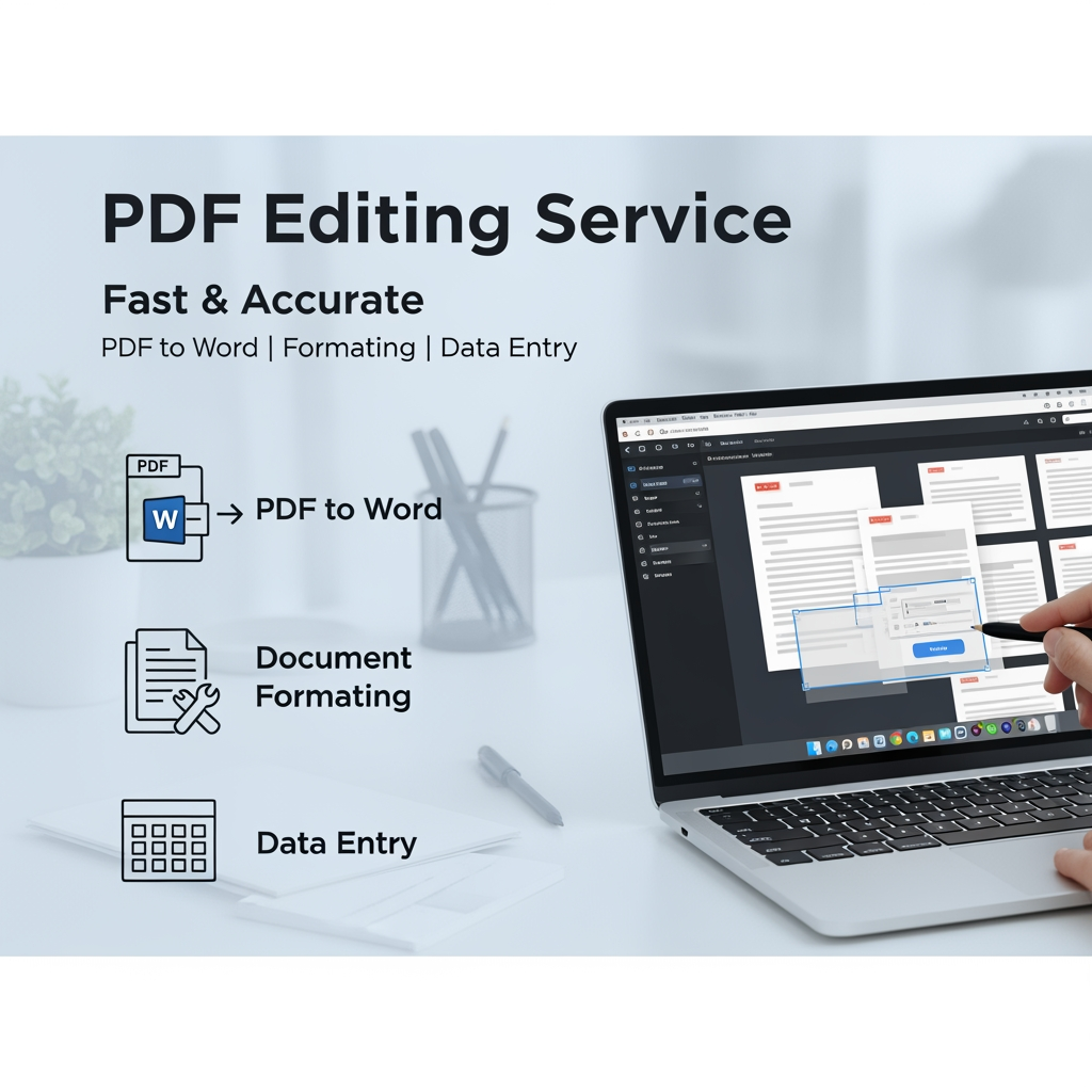 AI Design for A clean and modern promotional banner for a freelance PDF editing service, showing a laptop screen with PDF documents being edited, icons like PDF to Word, document formatting, data entry, minimal workspace background, soft blue and white color theme, professional typography, text: "PDF Editing Service", "Fast & Accurate", "PDF to Word | Formatting | Data Entry", freelancer workspace, high quality, 4K, clean layout, social media banner design