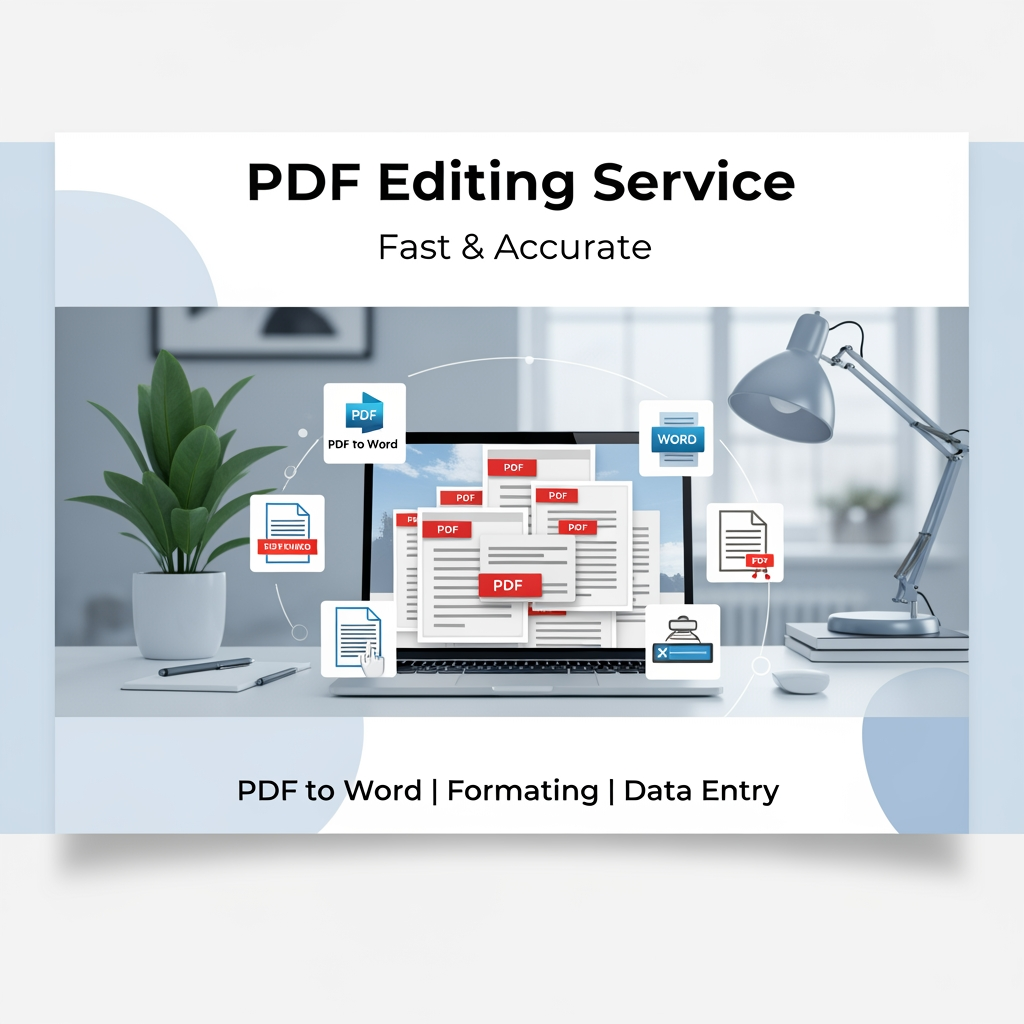 AI Design for A clean and modern promotional banner for a freelance PDF editing service, showing a laptop screen with PDF documents being edited, icons like PDF to Word, document formatting, data entry, minimal workspace background, soft blue and white color theme, professional typography, text: "PDF Editing Service", "Fast & Accurate", "PDF to Word | Formatting | Data Entry", freelancer workspace, high quality, 4K, clean layout, social media banner design