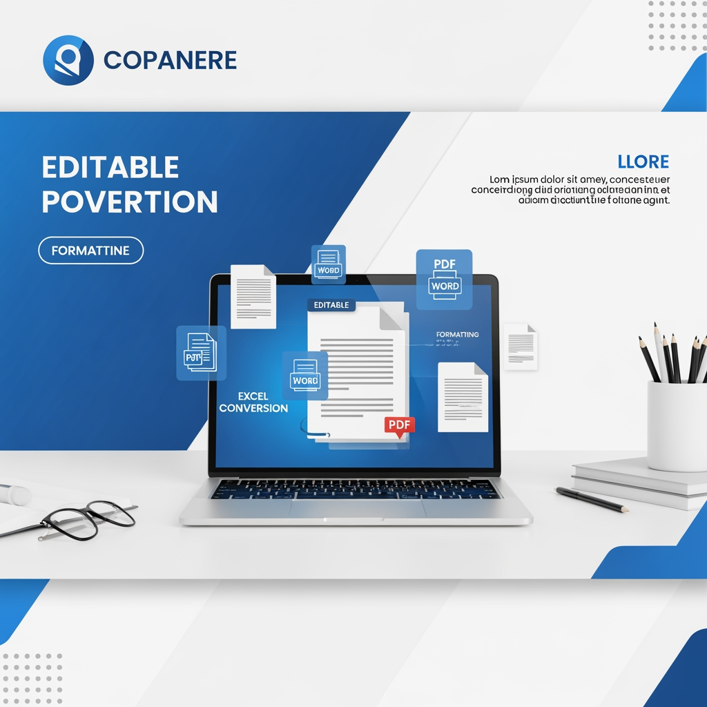 AI Design for Create a high-end, modern and professional social media banner for a freelance PDF Editing Service. The design should feature a clean workspace with a laptop displaying editable PDF documents, document icons (PDF to Word, Excel, formatting), and a minimal desk setup. Use a blue and white professional color scheme with soft lighting and a sleek layout.

Include bold and clean typography with the following text:

"PROFESSIONAL PDF EDITING SERVICE"
"Fast, Accurate & Reliable حلول for Your Documents"

Services:
• PDF to Word / Excel Conversion
• Document Formatting & Layout Design
• Data Entry & Typing
• Resume / CV Editing
• File Cleanup & Organization

Why Choose Us:
• 100% Accuracy Guaranteed
• Quick Delivery
• Affordable Pricing
• Client Satisfaction First

Call to Action:
"Order Now" / "DM Us Today"

Style should be minimal, corporate, eye-catching, and suitable for Instagram, Fiverr, and online freelancing promotion. High resolution, 4K quality, balanced composition, modern UI elements.
