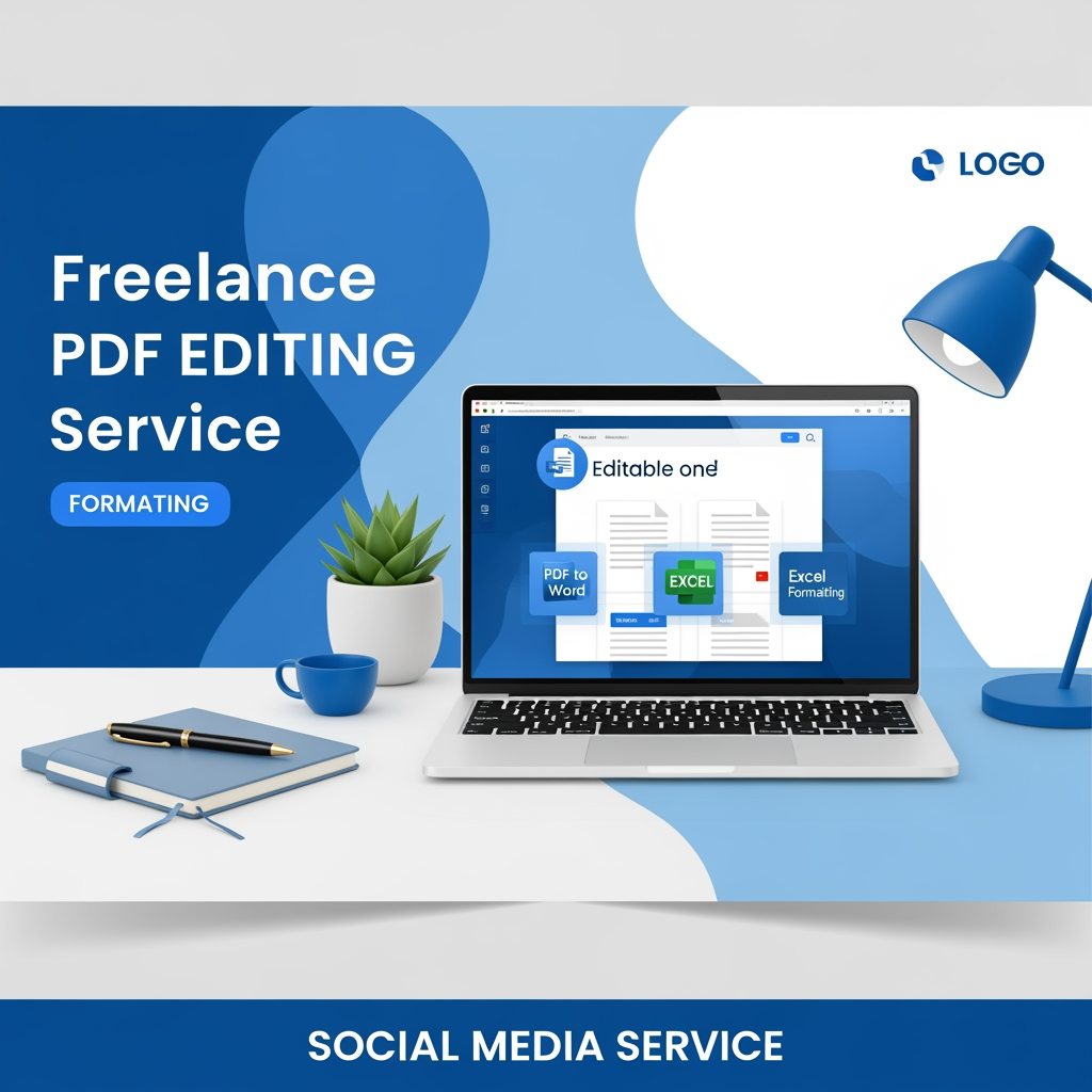 AI Design for Create a high-end, modern and professional social media banner for a freelance PDF Editing Service. The design should feature a clean workspace with a laptop displaying editable PDF documents, document icons (PDF to Word, Excel, formatting), and a minimal desk setup. Use a blue and white professional color scheme with soft lighting and a sleek layout.

Include bold and clean typography with the following text:

"PROFESSIONAL PDF EDITING SERVICE"
"Fast, Accurate & Reliable حلول for Your Documents"

Services:
• PDF to Word / Excel Conversion
• Document Formatting & Layout Design
• Data Entry & Typing
• Resume / CV Editing
• File Cleanup & Organization

Why Choose Us:
• 100% Accuracy Guaranteed
• Quick Delivery
• Affordable Pricing
• Client Satisfaction First

Call to Action:
"Order Now" / "DM Us Today"

Style should be minimal, corporate, eye-catching, and suitable for Instagram, Fiverr, and online freelancing promotion. High resolution, 4K quality, balanced composition, modern UI elements.