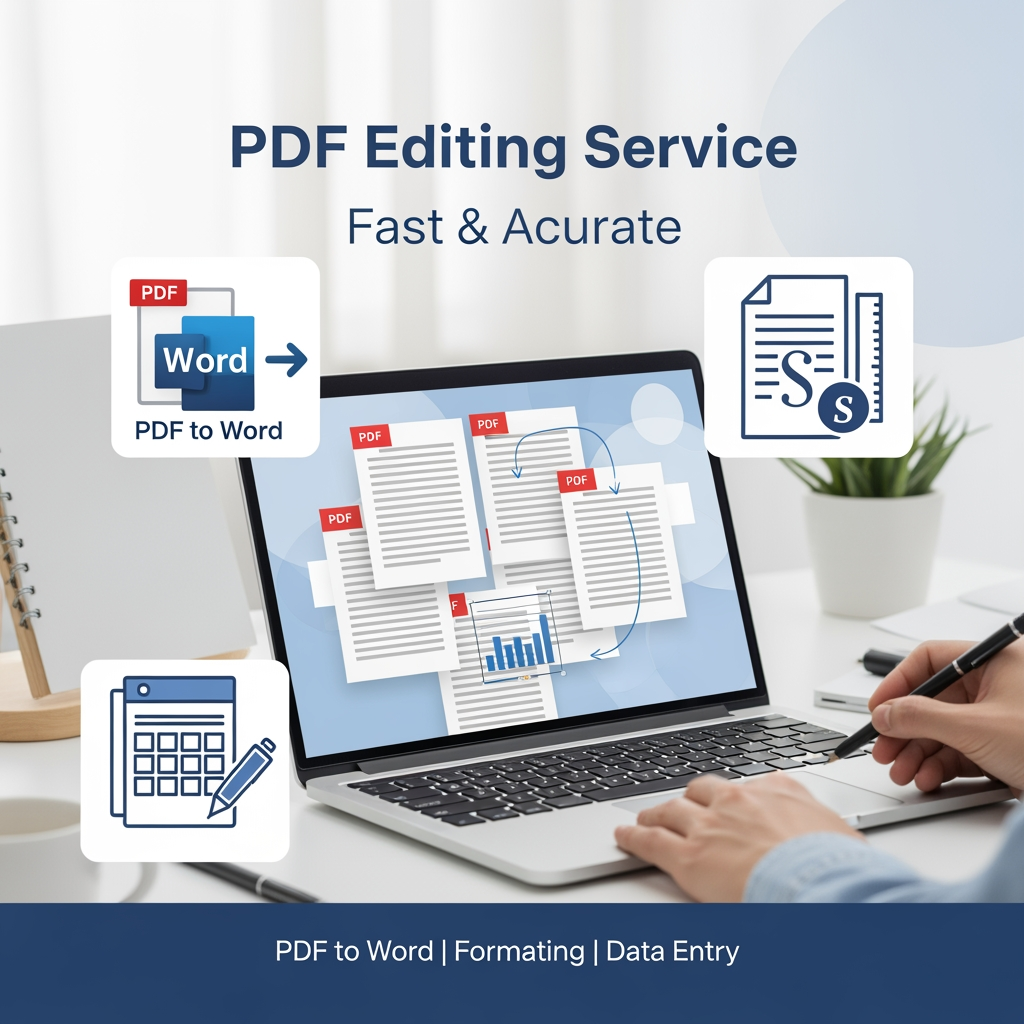 AI Design for A clean and modern promotional banner for a freelance PDF editing service, showing a laptop screen with PDF documents being edited, icons like PDF to Word, document formatting, data entry, minimal workspace background, soft blue and white color theme, professional typography, text: "PDF Editing Service", "Fast & Accurate", "PDF to Word | Formatting | Data Entry", freelancer workspace, high quality, 4K, clean layout, social media banner design
