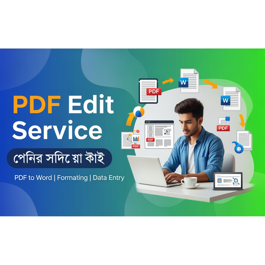 AI Design for A stylish social media banner for a Bangladeshi freelancer offering PDF editing services, featuring a young freelancer working on a laptop, PDF icons, document conversion visuals, modern desk setup, blue and green gradient background, bold Bangla text: "PDF Edit Service", "দ্রুত ও নির্ভুল কাজ", "PDF to Word | Formatting | Data Entry", clean and eye-catching design, high resolution, professional look