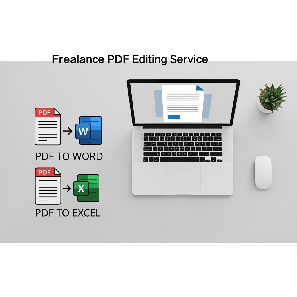 AI Design for Create a high-end, modern and professional social media banner for a freelance PDF Editing Service. The design should feature a clean workspace with a laptop displaying editable PDF documents, document icons (PDF to Word, Excel, formatting), and a minimal desk setup. Use a blue and white professional color scheme with soft lighting and a sleek layout.

Include bold and clean typography with the following text:

"PROFESSIONAL PDF EDITING SERVICE"
"Fast, Accurate & Reliable حلول for Your Documents"

Services:
• PDF to Word / Excel Conversion
• Document Formatting & Layout Design
• Data Entry & Typing
• Resume / CV Editing
• File Cleanup & Organization

Why Choose Us:
• 100% Accuracy Guaranteed
• Quick Delivery
• Affordable Pricing
• Client Satisfaction First

Call to Action:
"Order Now" / "DM Us Today"

Style should be minimal, corporate, eye-catching, and suitable for Instagram, Fiverr, and online freelancing promotion. High resolution, 4K quality, balanced composition, modern UI elements.
