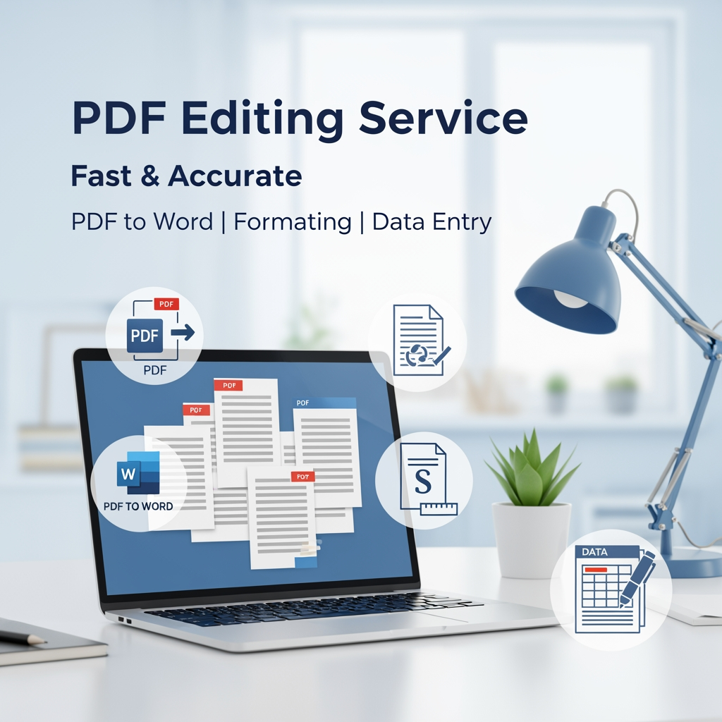 AI Design for A clean and modern promotional banner for a freelance PDF editing service, showing a laptop screen with PDF documents being edited, icons like PDF to Word, document formatting, data entry, minimal workspace background, soft blue and white color theme, professional typography, text: "PDF Editing Service", "Fast & Accurate", "PDF to Word | Formatting | Data Entry", freelancer workspace, high quality, 4K, clean layout, social media banner design