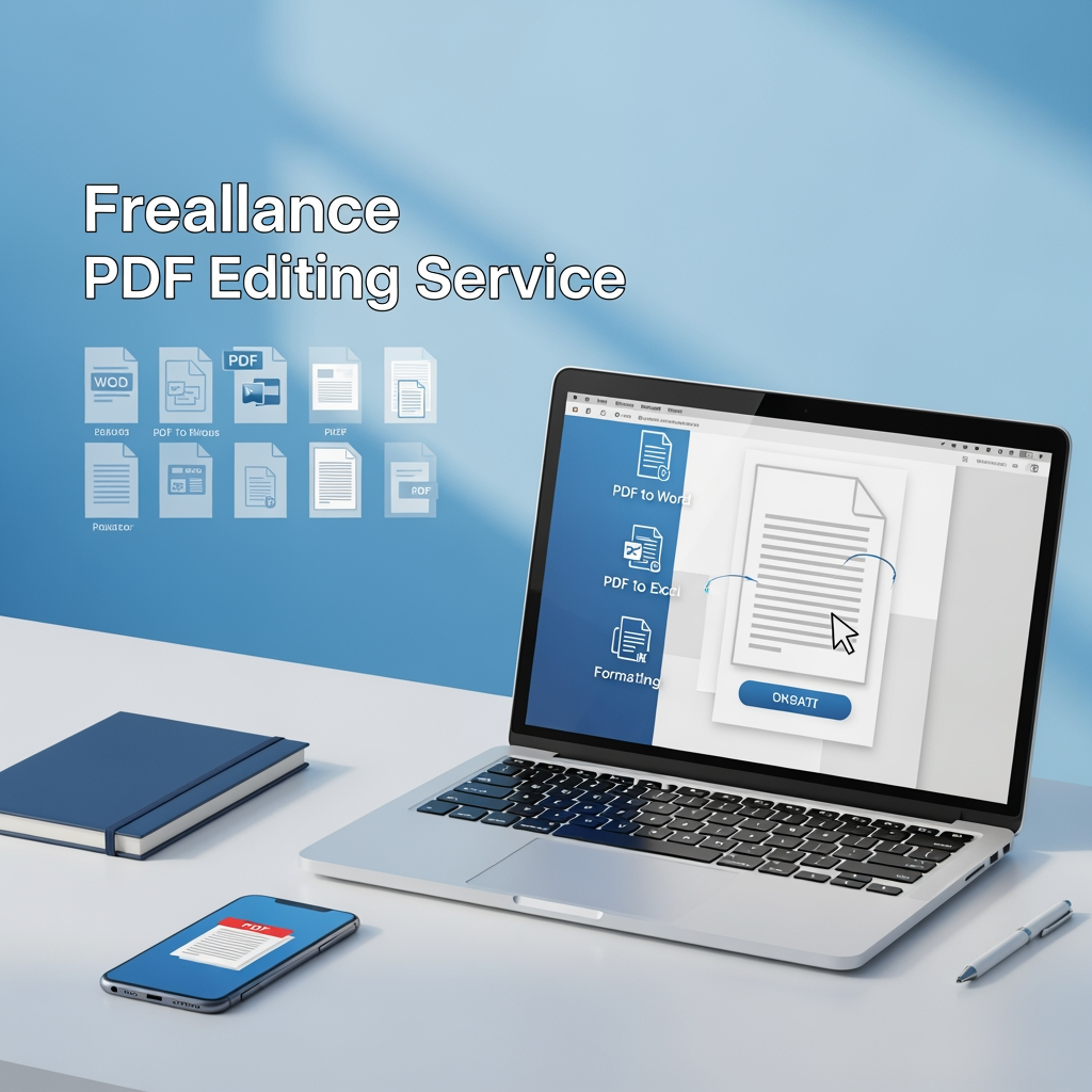 AI Design for Create a high-end, modern and professional social media banner for a freelance PDF Editing Service. The design should feature a clean workspace with a laptop displaying editable PDF documents, document icons (PDF to Word, Excel, formatting), and a minimal desk setup. Use a blue and white professional color scheme with soft lighting and a sleek layout.

Include bold and clean typography with the following text:

"PROFESSIONAL PDF EDITING SERVICE"
"Fast, Accurate & Reliable حلول for Your Documents"

Services:
• PDF to Word / Excel Conversion
• Document Formatting & Layout Design
• Data Entry & Typing
• Resume / CV Editing
• File Cleanup & Organization

Why Choose Us:
• 100% Accuracy Guaranteed
• Quick Delivery
• Affordable Pricing
• Client Satisfaction First

Call to Action:
"Order Now" / "DM Us Today"

Style should be minimal, corporate, eye-catching, and suitable for Instagram, Fiverr, and online freelancing promotion. High resolution, 4K quality, balanced composition, modern UI elements.