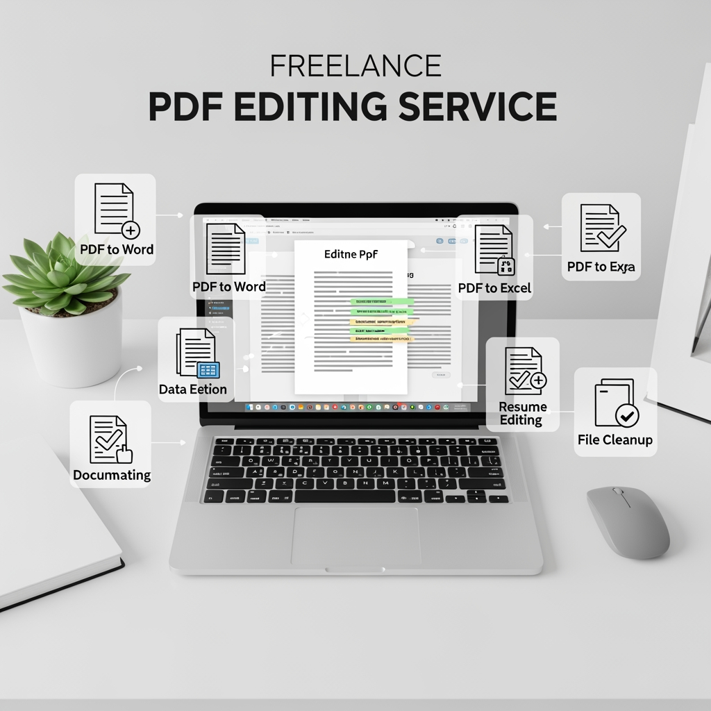 AI Design for Create a high-end, modern and professional social media banner for a freelance PDF Editing Service. The design should feature a clean workspace with a laptop displaying editable PDF documents, document icons (PDF to Word, Excel, formatting), and a minimal desk setup. Use a blue and white professional color scheme with soft lighting and a sleek layout.

Include bold and clean typography with the following text:

"PROFESSIONAL PDF EDITING SERVICE"
"Fast, Accurate & Reliable حلول for Your Documents"

Services:
• PDF to Word / Excel Conversion
• Document Formatting & Layout Design
• Data Entry & Typing
• Resume / CV Editing
• File Cleanup & Organization

Why Choose Us:
• 100% Accuracy Guaranteed
• Quick Delivery
• Affordable Pricing
• Client Satisfaction First

Call to Action:
"Order Now" / "DM Us Today"

Style should be minimal, corporate, eye-catching, and suitable for Instagram, Fiverr, and online freelancing promotion. High resolution, 4K quality, balanced composition, modern UI elements.