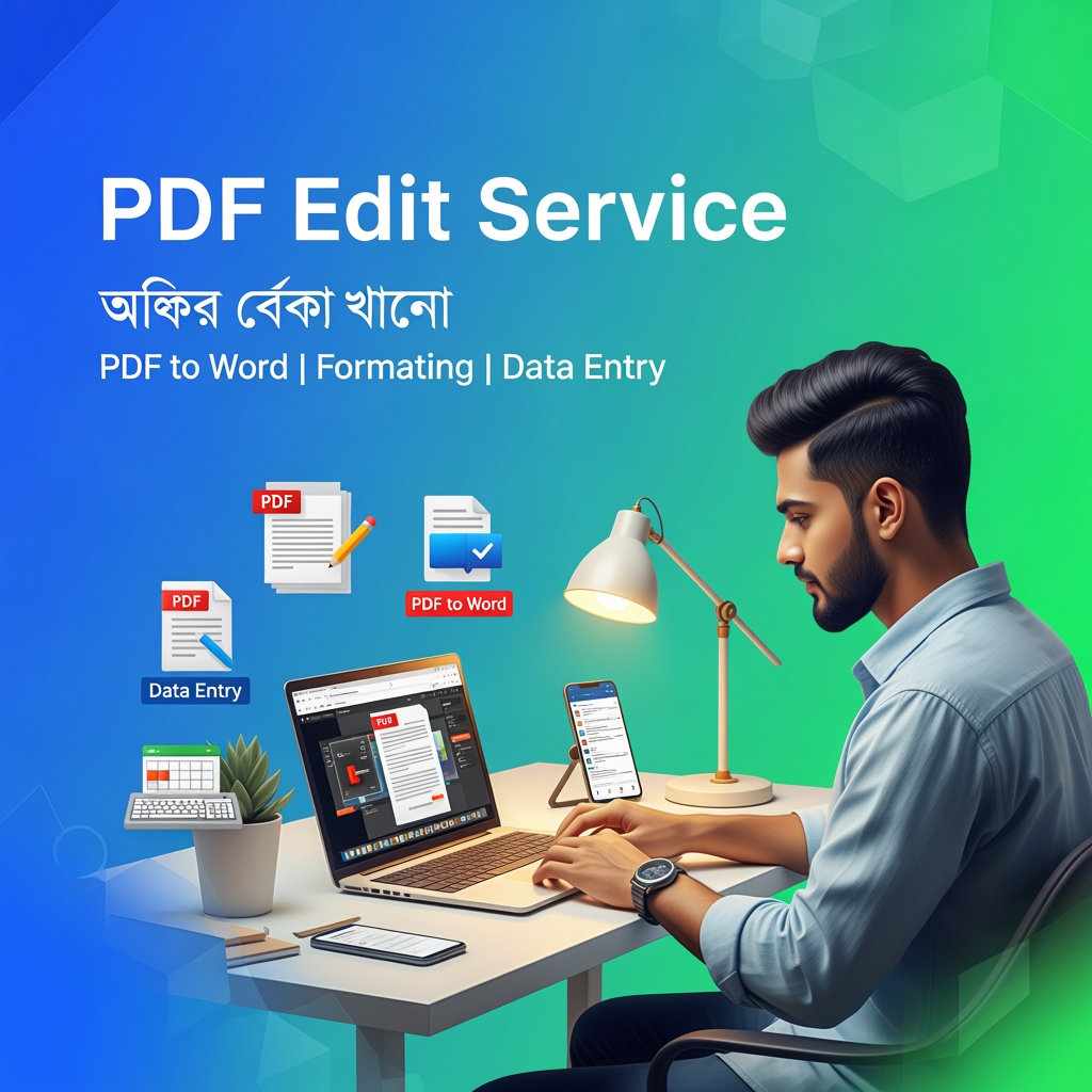 AI Design for A stylish social media banner for a Bangladeshi freelancer offering PDF editing services, featuring a young freelancer working on a laptop, PDF icons, document conversion visuals, modern desk setup, blue and green gradient background, bold Bangla text: "PDF Edit Service", "দ্রুত ও নির্ভুল কাজ", "PDF to Word | Formatting | Data Entry", clean and eye-catching design, high resolution, professional look