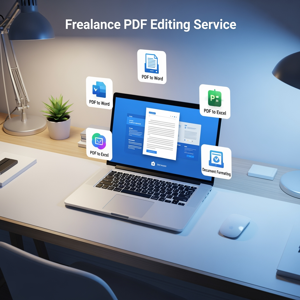 AI Design for Create a high-end, modern and professional social media banner for a freelance PDF Editing Service. The design should feature a clean workspace with a laptop displaying editable PDF documents, document icons (PDF to Word, Excel, formatting), and a minimal desk setup. Use a blue and white professional color scheme with soft lighting and a sleek layout.

Include bold and clean typography with the following text:

"PROFESSIONAL PDF EDITING SERVICE"
"Fast, Accurate & Reliable حلول for Your Documents"

Services:
• PDF to Word / Excel Conversion
• Document Formatting & Layout Design
• Data Entry & Typing
• Resume / CV Editing
• File Cleanup & Organization

Why Choose Us:
• 100% Accuracy Guaranteed
• Quick Delivery
• Affordable Pricing
• Client Satisfaction First

Call to Action:
"Order Now" / "DM Us Today"

Style should be minimal, corporate, eye-catching, and suitable for Instagram, Fiverr, and online freelancing promotion. High resolution, 4K quality, balanced composition, modern UI elements.