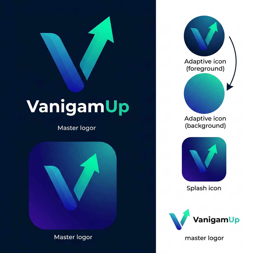 AI Design for i want to create a logo, adaptive icon, splash icon , foreground and bacground icon,  the brand name is VanigamUp