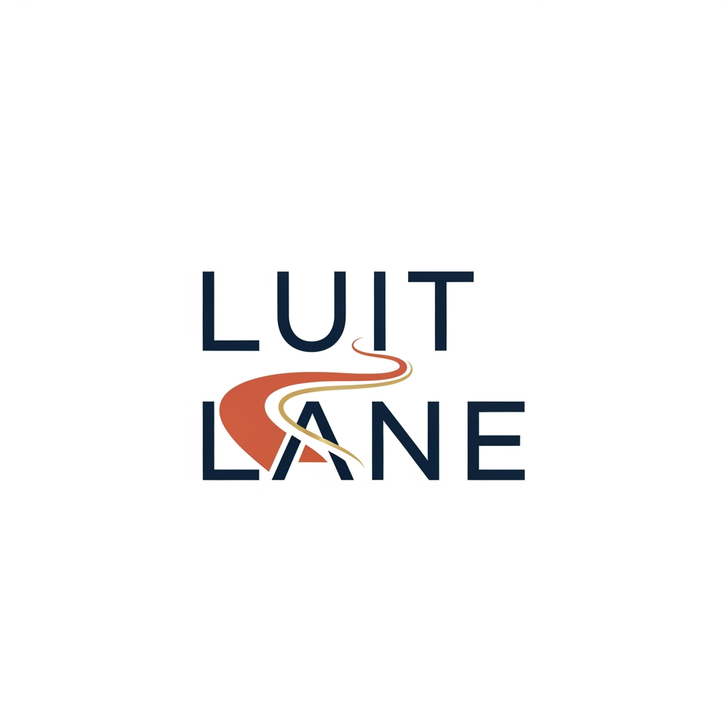 AI Design for A minimalist and modern logo design for a pop-up market named "Luit Lane". The logo features a clean, stylish typography of the words "Luit Lane" with a subtle, abstract wave or winding lane graphic integrated into the text, symbolizing a river or pathway. The theme is a vibrant, community-focused pop-up market, using a sophisticated color palette of deep navy blue, warm terracotta, and gold accents. Clean white background, vector art style, flat design, professional branding aesthetic.