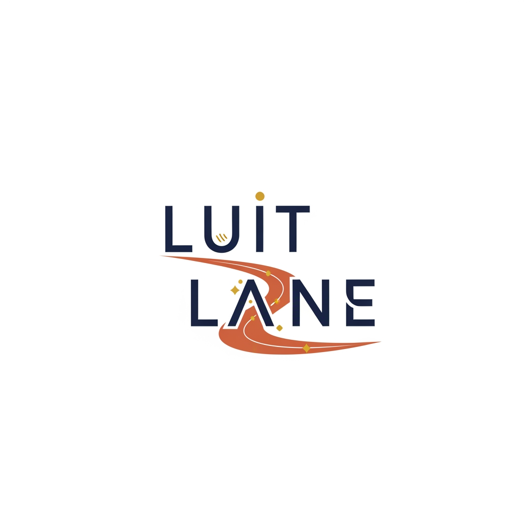 AI Design for A minimalist and modern logo design for a pop-up market named "Luit Lane". The logo features a clean, stylish typography of the words "Luit Lane" with a subtle, abstract wave or winding lane graphic integrated into the text, symbolizing a river or pathway. The theme is a vibrant, community-focused pop-up market, using a sophisticated color palette of deep navy blue, warm terracotta, and gold accents. Clean white background, vector art style, flat design, professional branding aesthetic.