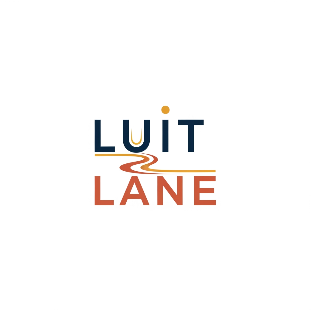 AI Design for A minimalist and modern logo design for a pop-up market named "Luit Lane". The logo features a clean, stylish typography of the words "Luit Lane" with a subtle, abstract wave or winding lane graphic integrated into the text, symbolizing a river or pathway. The theme is a vibrant, community-focused pop-up market, using a sophisticated color palette of deep navy blue, warm terracotta, and gold accents. Clean white background, vector art style, flat design, professional branding aesthetic.