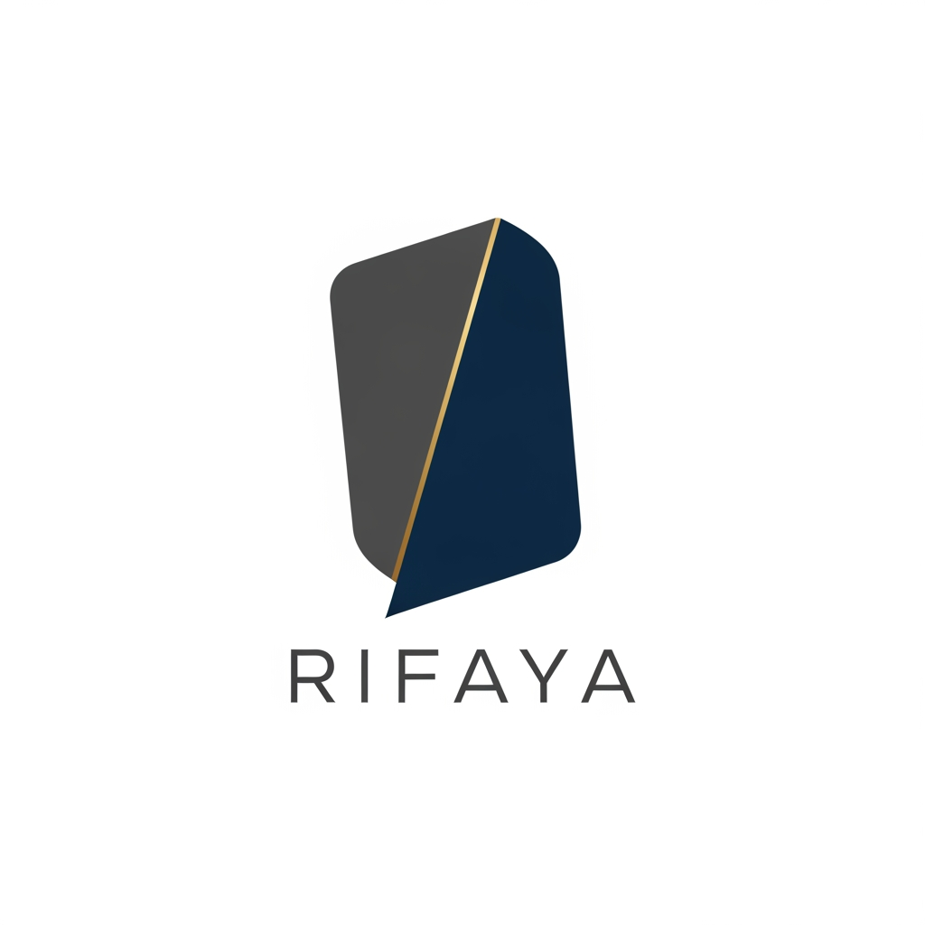 AI Design for Design a modern, minimalist, and professional logo for a company named ‘Rifaya’. The logo should feel clean, premium, and versatile for corporate use. Focus on abstract or geometric shapes that represent trust, stability, and professionalism. Use a simple and elegant typography style for the word ‘Rifaya’. The design should avoid any letter-based symbols or monograms (do not use the letter ‘R’ or any initial-based icon). Do not include any tools, machinery, electrical, or industrial elements. Keep the color palette minimal and sophisticated (such as deep blue, black, grey, or subtle gold accents). The logo should be flat, scalable, and suitable for both digital and print use. White background preferred.