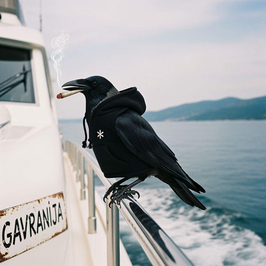 AI Design for crow wearing tech fleece smoking joint low quality on yacht  1990 camera gavranija written on side