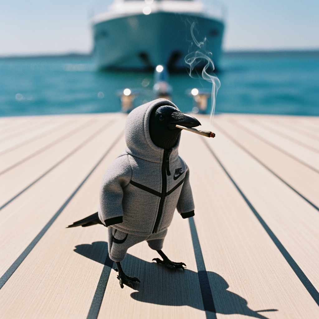 AI Design for crow wearing tech fleece smoking joint low quality on yacht
