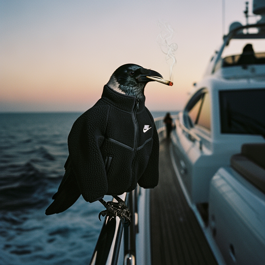AI Design for crow wearing tech fleece smoking joint low quality on yacht