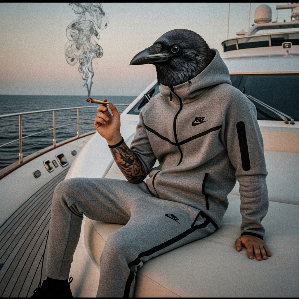 AI Design for crow wearing tech fleece human body smoking joint low quality camera on yacht