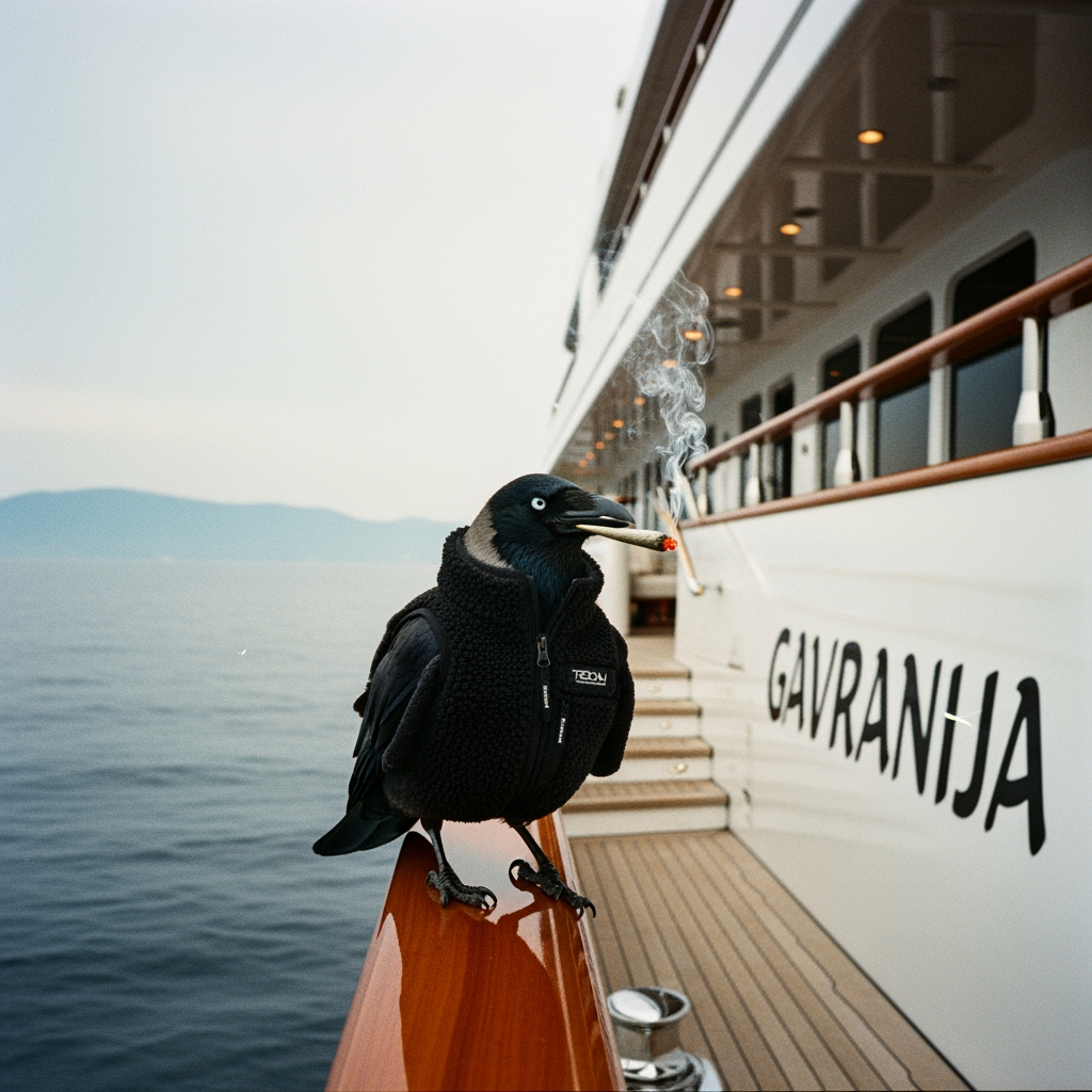 AI Design for crow wearing tech fleece smoking joint low quality on yacht  1990 camera gavranija written on side