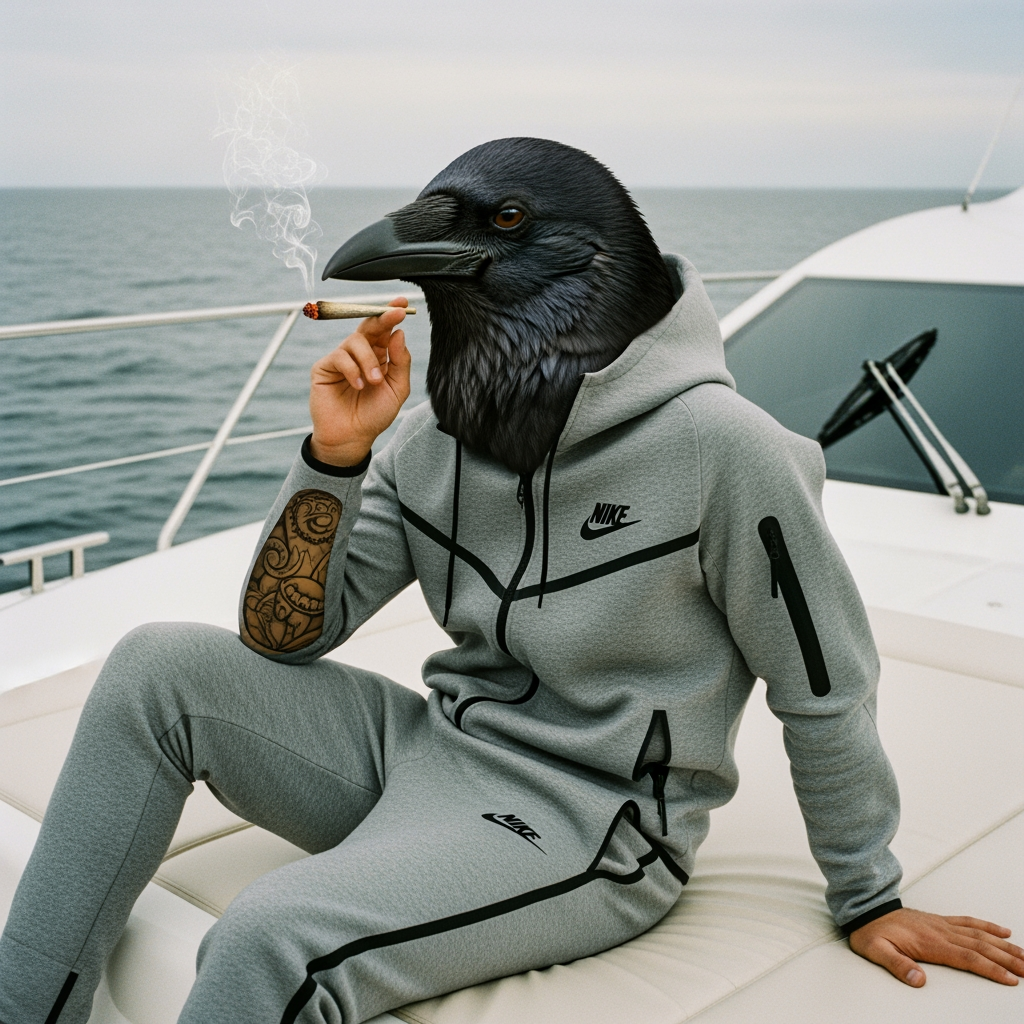 AI Design for crow wearing tech fleece human body smoking joint low quality camera on yacht