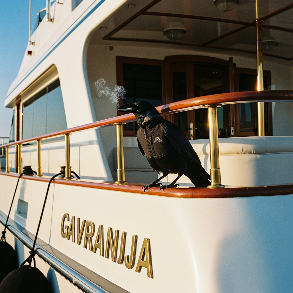 AI Design for crow wearing tech fleece smoking joint low quality on yacht  1990 camera gavranija written on side