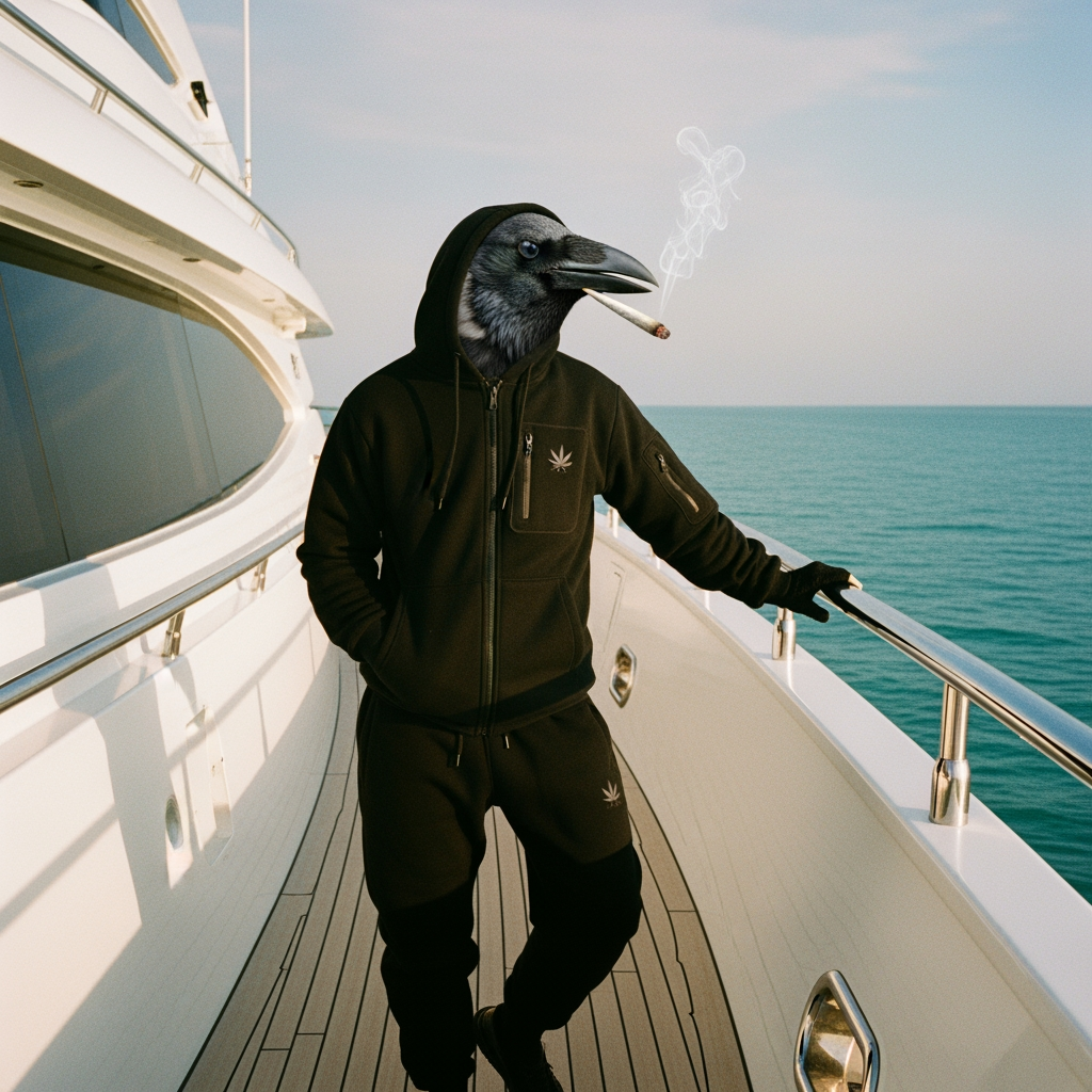 AI Design for crow wearing tech fleece smoking joint low quality on yacht
