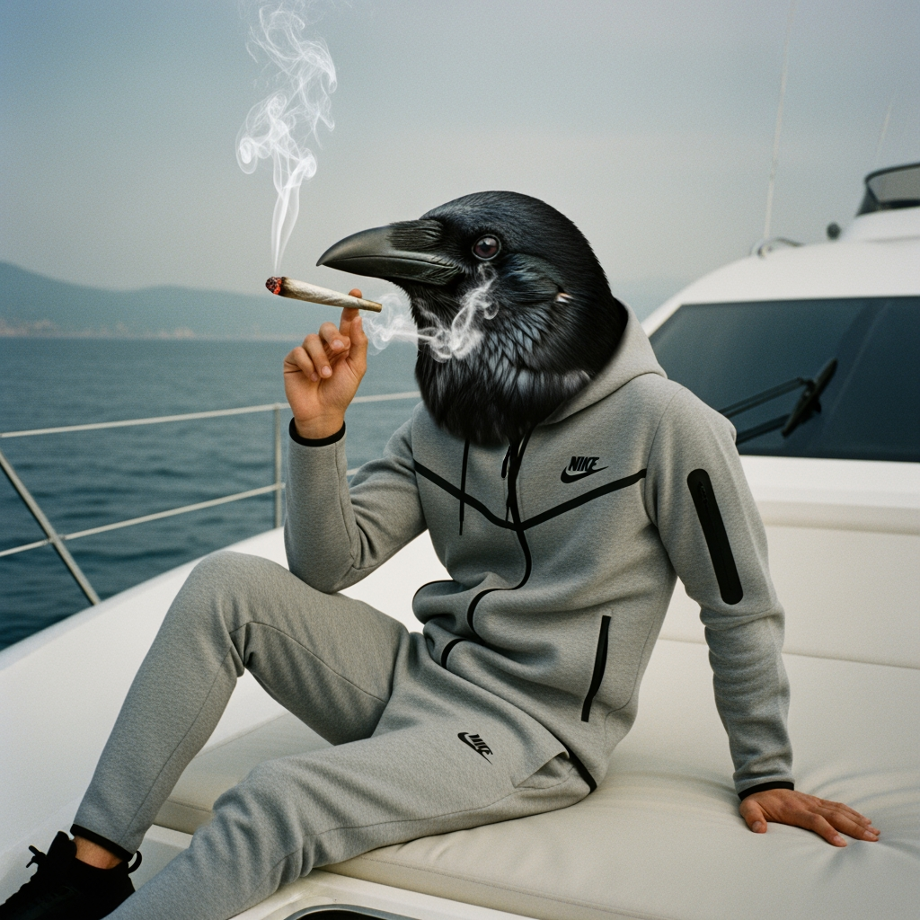 AI Design for crow wearing tech fleece human body smoking joint low quality camera on yacht